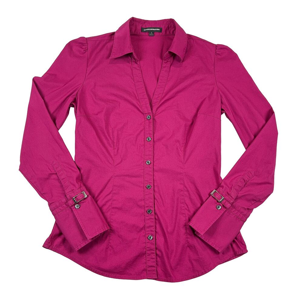 Express Y2K Fitted Button Down Shirt Womens S Pink Stretch Careercore Barbie 00s